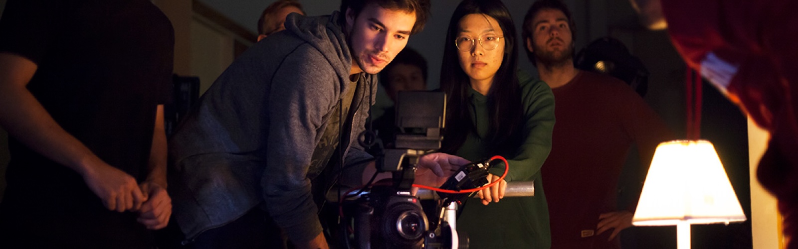Students with a camera in the Digital Cinema Production certificate